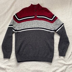 Men’s CHAPS Sweater, Burgundy And Gray With Black & White Stripes.  Size Is LG